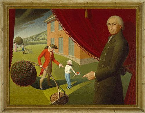 Painting depicting Parson Weems and his famous story of George Washington and the Cherry Tree.  Amon Carter Museum.  This work is in the public domain.  Parson Weems included the story of Washington and the cherry tree in his work The Life of Washington.