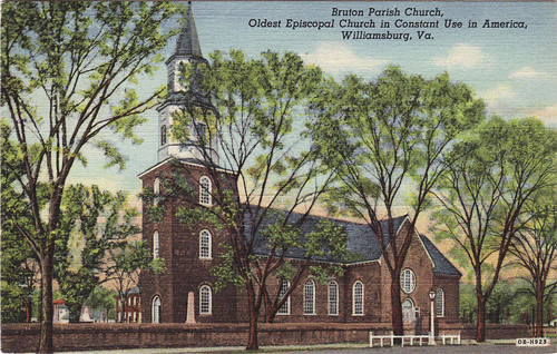 Postcard image of the Burton Parish Church in Williamsburg, Virginia. Published by now-defunct Genuine Curteich. This image is in the public domain.