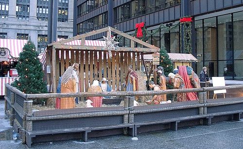 Nativity scene on the 2001 Christkindlmarket in downtown Chicago. Wikipedia